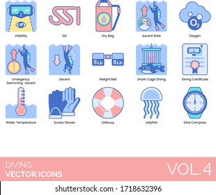 Diving icons including visibility, SSI, dry bag, ascent rate, oxygen, emergency swimming, decent, weight belt, shark cage, certificate, water temperature, scuba gloves, lifebuoy, jellyfish, compass.