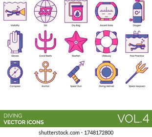 Iconos de buceo que incluyen visibilidad, SSI, bolsa seca, velocidad de ascenso, oxígeno, guantes, arrecifes de coral, pez estrella, salvavidas, práctica de piscina, brújula, ancla, cañón, casco, arpón.