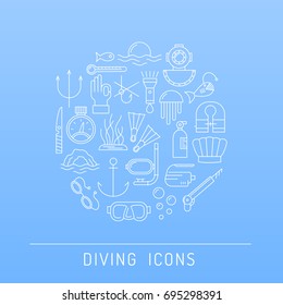 Diving icons in line style in a circle.