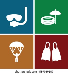 diving icons set. Set of 4 diving filled icons such as flippers, inflatable pool and umbrella, man with parachute