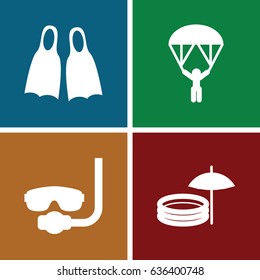 Diving icons set. set of 4 diving filled icons such as flippers, inflatable pool and umbrella, man with parachute