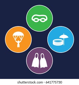 Diving icons set. set of 4 diving filled icons such as flippers, inflatable pool and umbrella, man with parachute