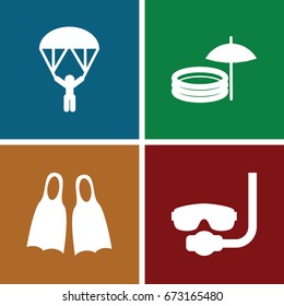 Diving icons set. set of 4 diving filled icons such as flippers, inflatable pool and umbrella, man with parachute