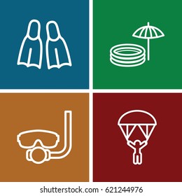 Diving icons set. set of 4 diving outline icons such as flippers, inflatable pool and umbrella, man with parachute