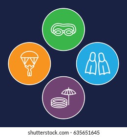 Diving icons set. set of 4 diving outline icons such as flippers, inflatable pool and umbrella, man with parachute