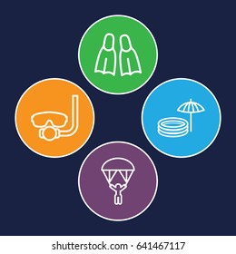 Diving icons set. set of 4 diving outline icons such as flippers, inflatable pool and umbrella, man with parachute
