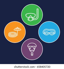 Diving icons set. set of 4 diving outline icons such as inflatable pool and umbrella, man with parachute, swimming glasses