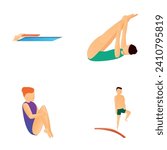 Diving icons set cartoon vector. People jumping from board into water. Water sport, competition