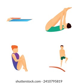 Diving icons set cartoon vector. People jumping from board into water. Water sport, competition