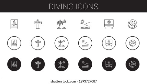 diving icons set. Collection of diving with beach, travel. Editable and scalable diving icons.