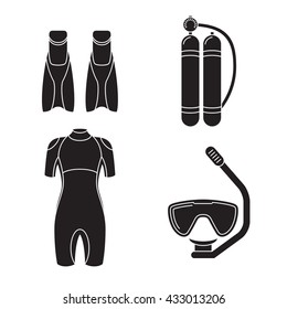 diving icons: set of equipment for diving, black on white background