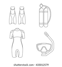 diving icons: set of equipment for diving, line elements, outline objects
