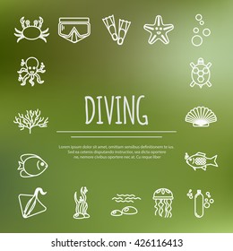 Diving icons set with fish and equipment. Vector
