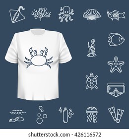 Diving icons set with fish and equipment. Vector