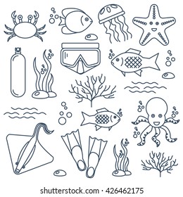 Diving icons set with fish and equipment