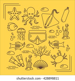 Diving icons set with fish and equipment