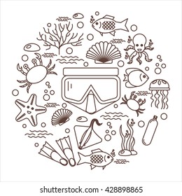 Diving icons set with fish and equipment
