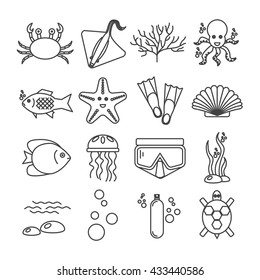 Diving icons set with fish and equipment