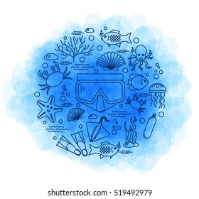 Diving icons set with fish and equipment. Vector