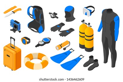 Diving icons set. Flat vector illustration in isometric style on a white background.