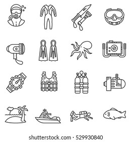 Diving icons set. Scuba diving in the tank, thin line design. Accessories for submersion, linear symbols collection. Tools for underwater research, isolated vector illustration.