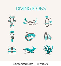 Diving icons set. Underwater activity vector icons. Scuba-diving elements isolated. Nine summer icons. Marine symbols. Diving equipment. Scuba diving and underwater objects.