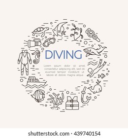 Diving icons set. Underwater activity vector icons. Scuba-diving elements isolated. Summer concept - diving line icons in circle. Marine symbols. Diving equipment. Scuba diving and underwater objects.