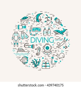 Diving icons set. Underwater activity vector icons. Scuba-diving elements isolated. Summer concept - diving line icons in circle. Marine symbols. Diving equipment. Scuba diving and underwater objects.