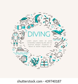 Diving icons set. Underwater activity vector icons. Scuba-diving elements isolated. Summer concept - diving line icons in circle. Marine symbols. Diving equipment. Scuba diving and underwater objects.