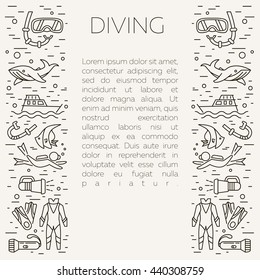 Diving icons. Underwater activity vector icons. Scuba-diving elements isolated. Summer concept - diving line icons. Marine symbols. Diving equipment. Scuba diving and underwater objects.