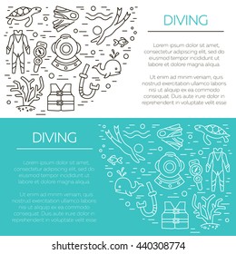 Diving icons. Underwater activity vector icons. Scuba-diving elements isolated. Summer concept - diving line icons. Marine symbols. Diving equipment. Scuba diving and underwater objects.