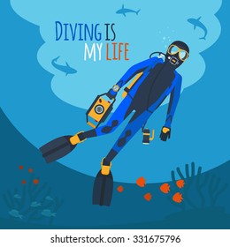 Diving illustration. Diver underwater diver surrounded by fish and corals