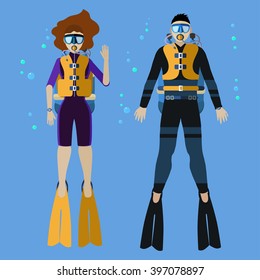 Diving illustration,vector set with people divers, Girl diver, Boy diver with scuba