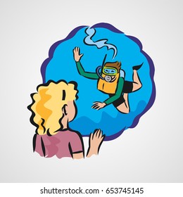 Diving instructor and girl vector cartoon poster