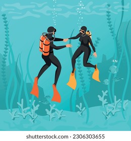 Diving instructor isometric background with male and female characters in diving suits with scuba at sea depth vector illustration