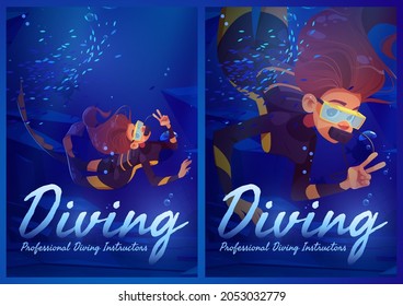 Diving instructors professional service, scuba club ad posters. Diver girl explore sea, woman wear costume, flippers, mask and tube underwater ocean floating, extreme sport school, cartoon vector ads