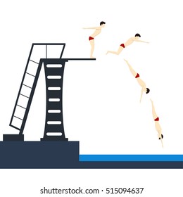 Diving into Pool Phases Jumping. Flat Design Style Vector illustration of  young sport men  preparing to jump and dive diving board. Swimming learn, sportsman into water