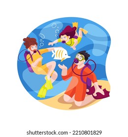 Diving Isolated Cartoon Vector Illustration. Scuba Diving Class For Family, Wearing Equipment, Swimming Under Water Together, Watching Coral And Fish, Holiday Seaside Activity Vector Cartoon.