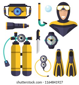 Diving, isolated icons on white background. oxygen, mask, flashlight, fins, tube, watch, underwater camera, knife, oxygen cylinders