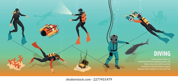 Submarinismo con fondo de infografía isométrica con buceadores submarinismo para la exploración de los fondos marinos y la cacería de tesoros ilustrativos vectoriales