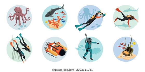 Composiciones redondeadas isométricas de buceo conjunto de buceadores aqualungs corales de peces pulpos de vectores aislados ilustración vectorial