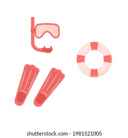 Diving items - mask, flippers, lifebuoy.  Trendy vector flat icon, isolated on white. Design for web and print. Summer, sport life and vacation concept