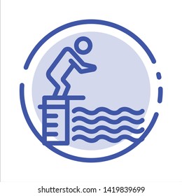 Diving, Jump, Platform, Pool, Sport Blue Dotted Line Line Icon