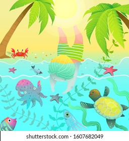 Diving Jumping Boy Kid in Tropical Paradise Island Vacation Recreational Kids Cartoon. Ocean Creatures Palm trees and cute baby boy jumping into water with ocean sea creatures. 