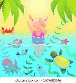 Diving Jumping Girl Kid in Tropical Paradise Island Vacation Recreational Kids Cartoon. Sea Creatures and cute child baby girl jumping into water with ocean sea creatures.