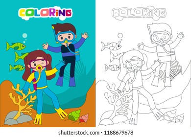 Diving kids coloring book or page, vector cartoon illustration