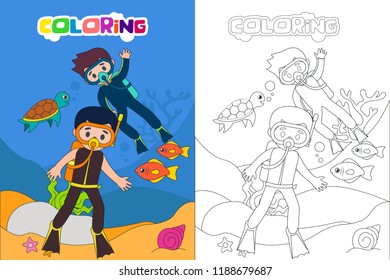 Diving Kids Coloring Book Page Vector Stock Vector (Royalty Free ...