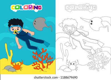 Diving kids coloring book or page, vector cartoon illustration