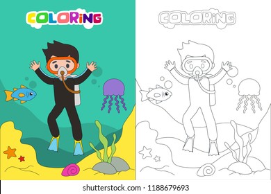 Diving Kids Coloring Book Page Vector Stock Vector (Royalty Free ...