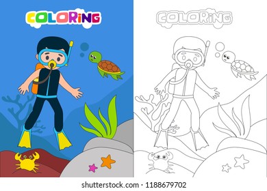 Diving kids coloring book or page, vector cartoon illustration